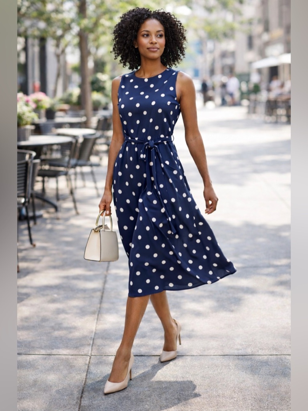 Anne Klein Polka Dot Midi Dress Gray White Belted Sleeveless Size 14 NWT